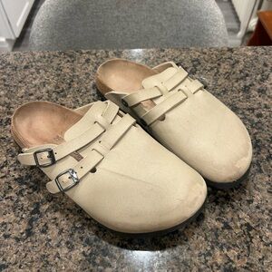 Birkenstock Cream Mules with Silver Buckles